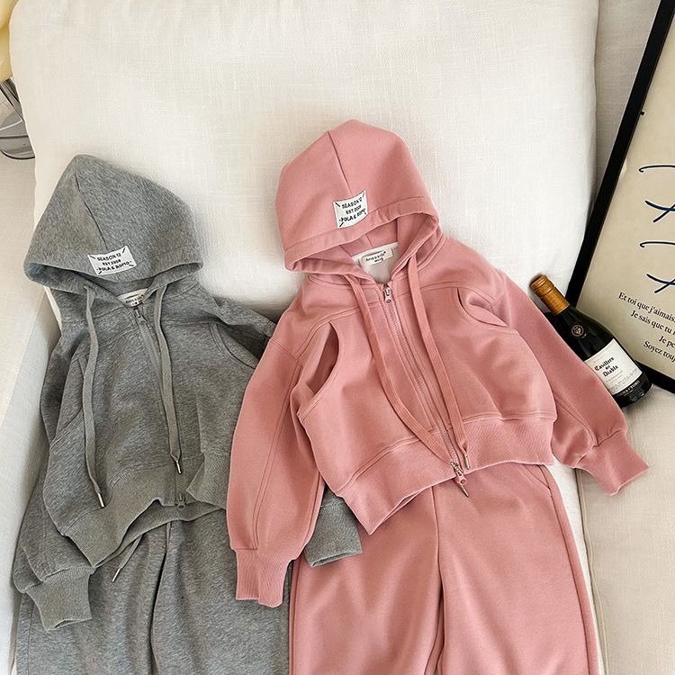 Girls' Hooded Sweater Set – Cozy Cotton Jacket & Jogger Pants For Playful Kids (Ages 3-8, Pink & Grey)_voghion.com