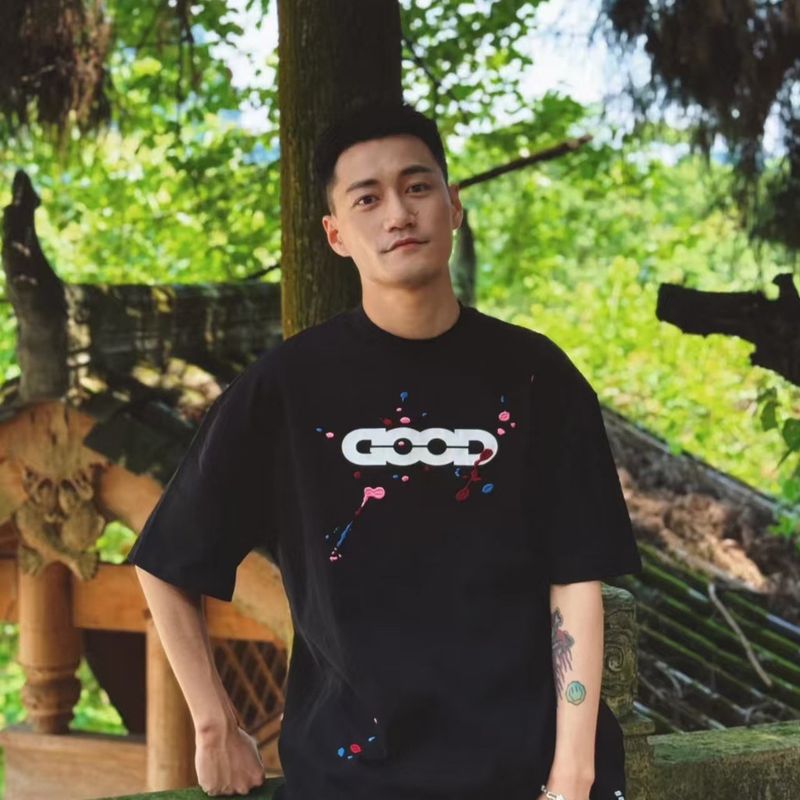 GOODBRAND Spring Summer ColorJumping 3D Ink Splash Embroidery Black And White Round Neck Good Short Sleeve T-Shirt_voghion.com