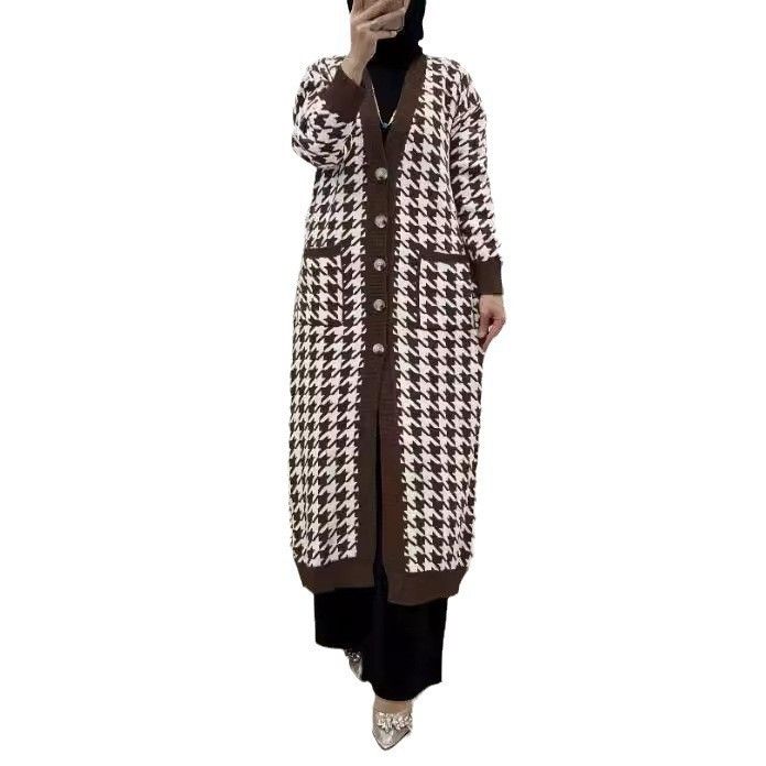 Elegant Houndstooth Long Cardigan For Women – Modest Muslim Abaya Coat, Polyester Blend Open Front Knit Sweater With Pockets, Plus Size Friendly_voghion.com