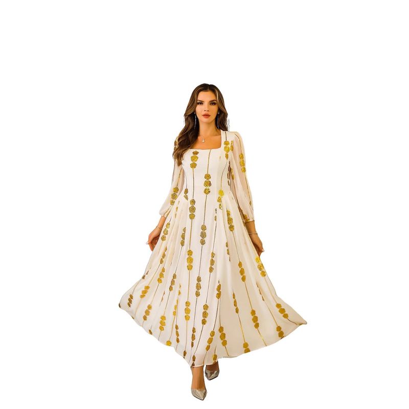 Damen Lange Robe Kleidung Pailletten Patchwork Gestreift Abaya Muslim Kleid_voghion.com