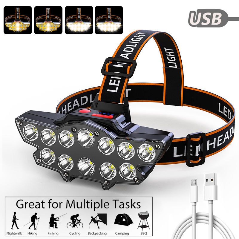 Cross-Border 12LED Head-Mounted Flashlight Outdoor Night Fishing Waterproof Rechargeable Mining Lamp Strong Light_voghion.com