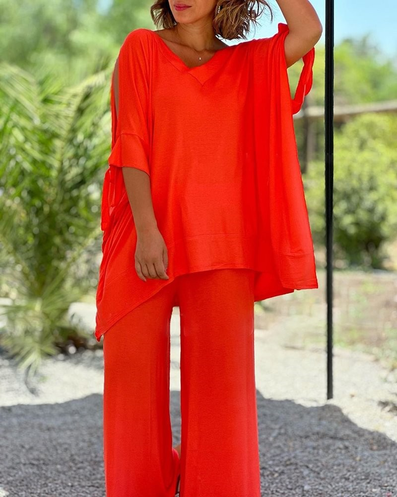 Abito da donna a due pezzi estivo con lacci con scollo a V e cinque maniche, pantaloni larghi casual in tinta unita a gamba larga_voghion.com