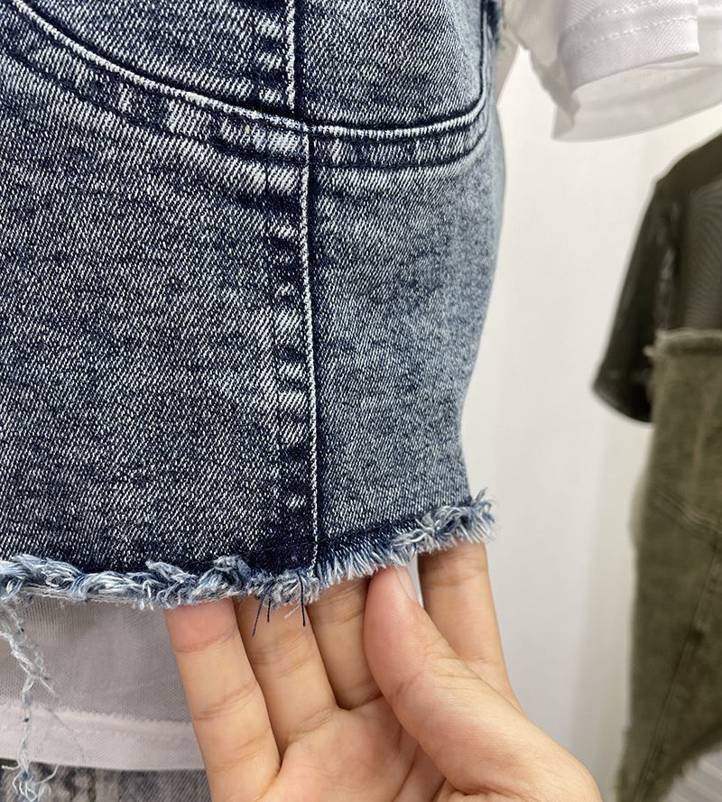 Damenbekleidung Real Shot Denim Splicing Mesh Kurzarm-T-Shirt Sommer Modisches unregelmäßiges kurzes Slim Fit-Oberteil mit hoher Taille_voghion.com