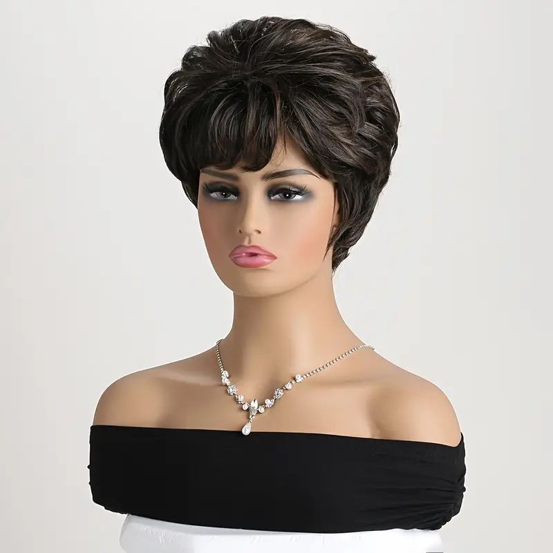 Perruques synthétiques à clipser populaires pour femmes, frange latérale duveteuse à la mode, perruques courtes bouclées noires et brunes_voghion.com