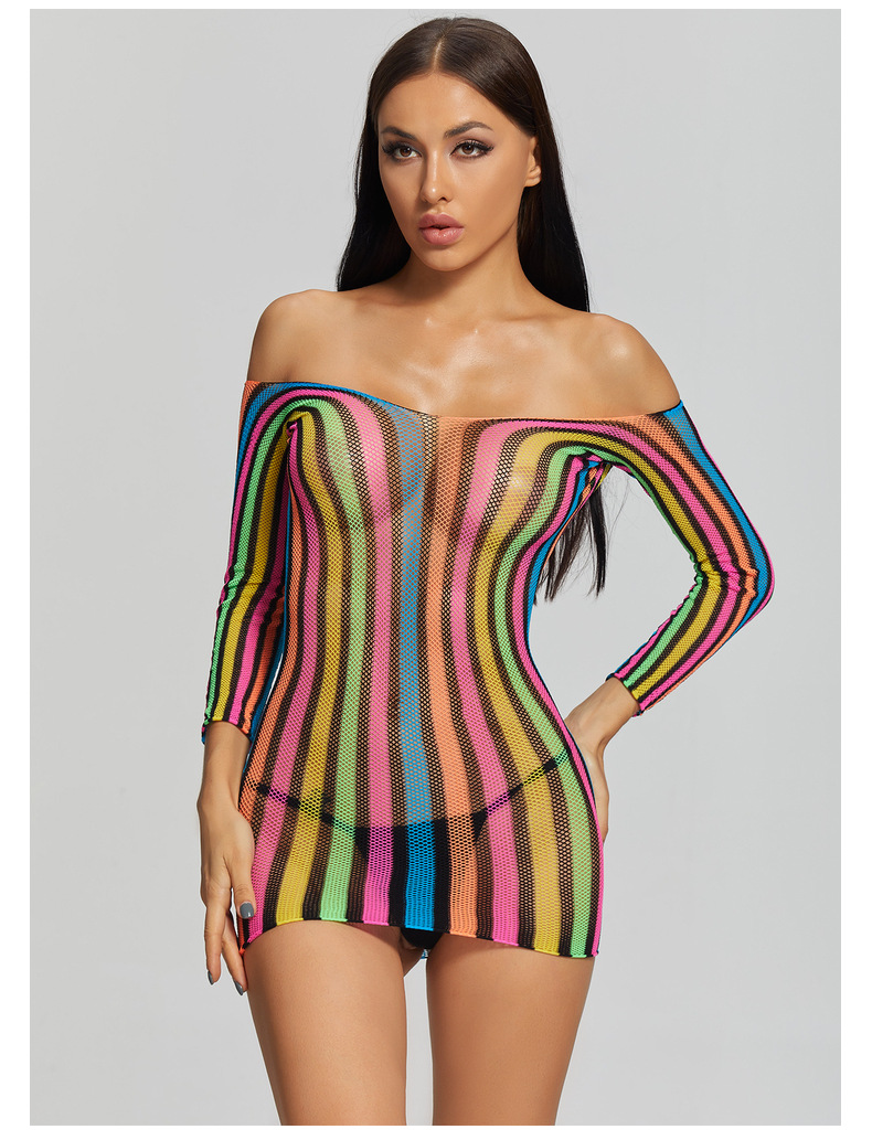 Yuedie Dessous Siebenfarbig Langarm Bodycon Einteiler Mesh Uniform Versuchung Sexy Kurzes Kleid 8919_voghion.com