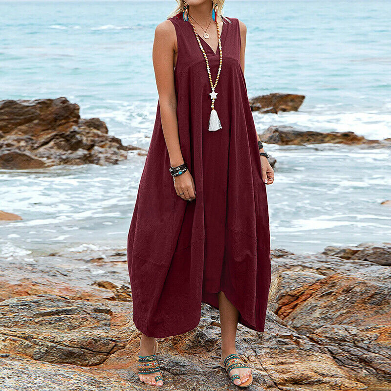 Nuovo abito casual da spiaggia con tasca con scollo a V in lino di cotone_voghion.com
