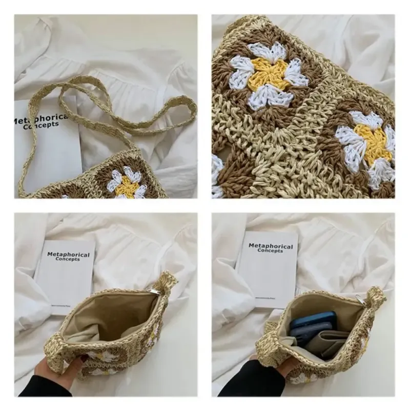 Borsa a tracolla da donna in paglia intrecciata fatta a mano all'uncinetto, stile vintage, Bohemia Hollow Messenger 250324_voghion.com