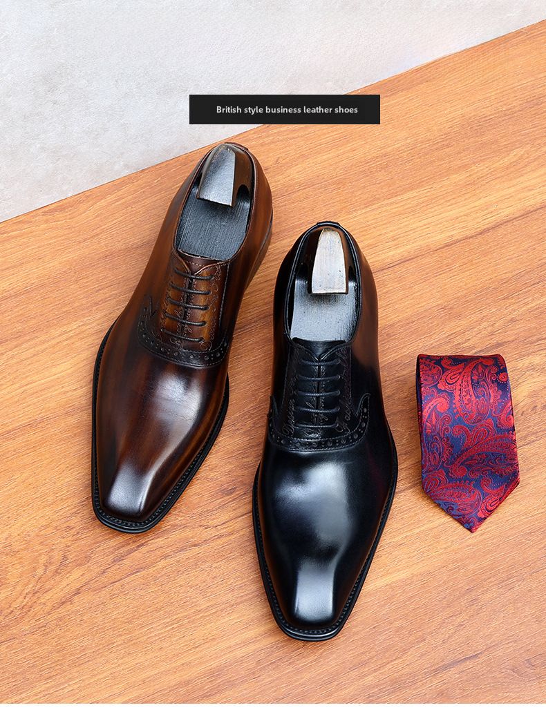 Skórzane buty męskie pierwsza warstwa skóry bydlęcej biznesowe formalne skórzane Brock rzeźbione brytyjskie zabytkowe buty ślubne garniturowe_voghion.com