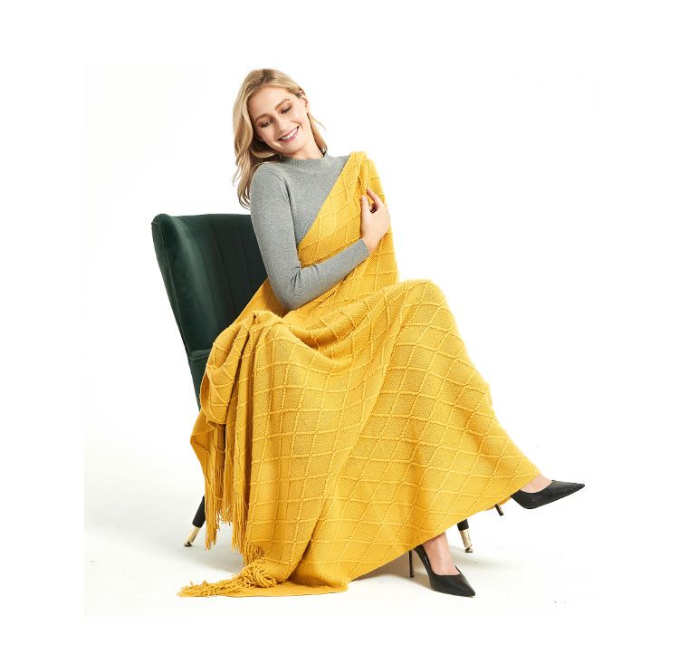 Unisex Four Seasons blanket Office air conditioning blanket Solid color knitted blanket sofa blanket B&B hotel bed end towel fringe cape_voghion.com
