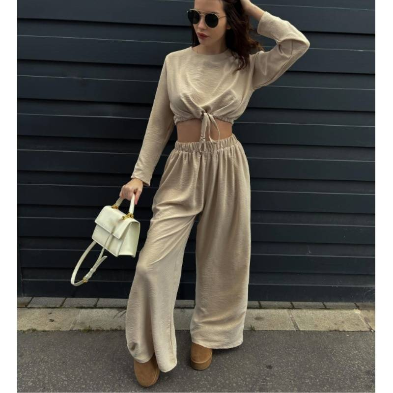 Abbigliamento da donna moda tinta unita pizzo corto a maniche lunghe top pantaloni a gamba larga set da due pezzi_voghion.com