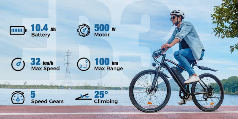Rower elektryczny IScooter EB3 26 cali, silnik 500 W, akumulator 36 V 10,4 Ah, zasięg 100 km, prędkość 35 km/h._voghion.com
