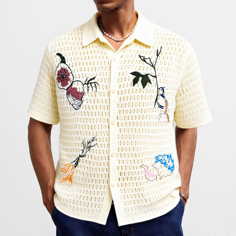 Polo de punto bordado para hombre, camiseta informal de verano con encaje de ganchillo, transpirable y frontal abierto._voghion.com
