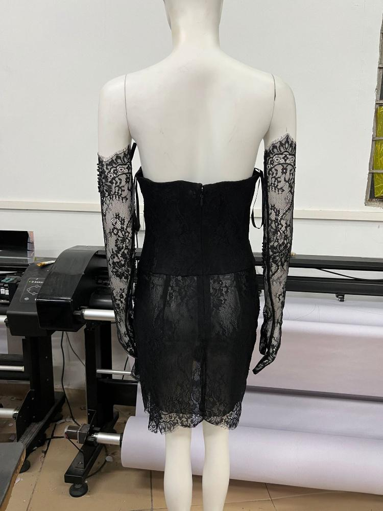 Elegante completo di guanti in pizzo nero e rosso con corsetto per abito da sera da donna - Sexy abito da sera corto senza maniche per serate fuori, club, appuntamenti_voghion.com