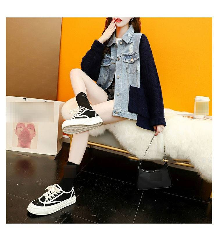 Women's Loose Knit Cardigan With Denim Patchwork - Casual Long Sleeve Polo Collar Pullover In Cream & Black (One Size)_voghion.com