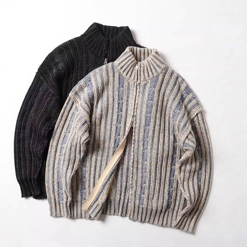 Cardigan con doppia cerniera Y2K – Giacca oversize in maglia a trecce con collo alto (bluastro/nero, M-3XL)_voghion.com