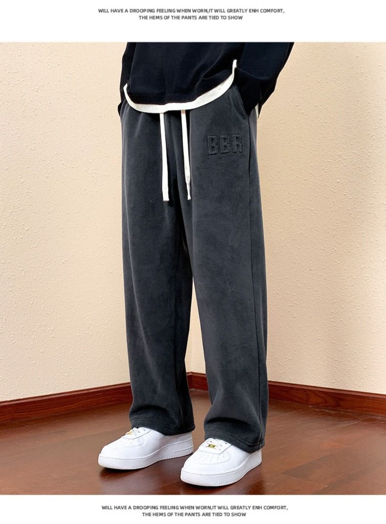 Pantaloni in pile pesante con fodera in sherpa – Vestibilità rilassata per l'inverno (nero/grigio scuro, stili dritti e affusolati)_voghion.com