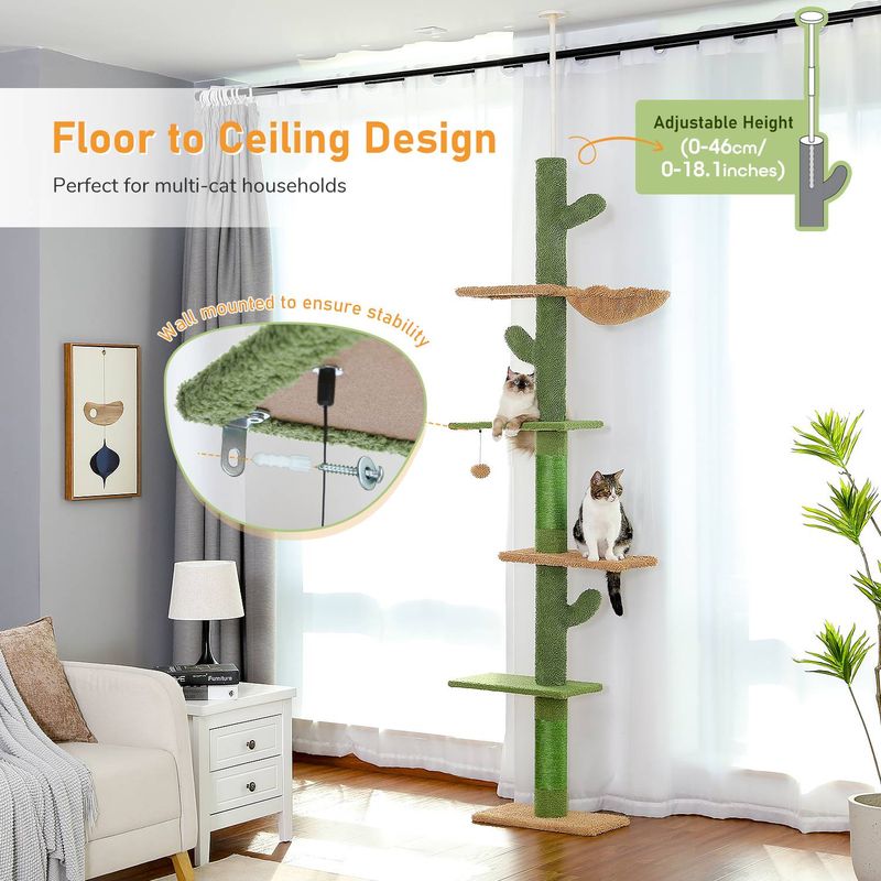108-in Adjustable Cactus Fleece Floor-to-Ceiling Cat Tree, Green_voghion.com