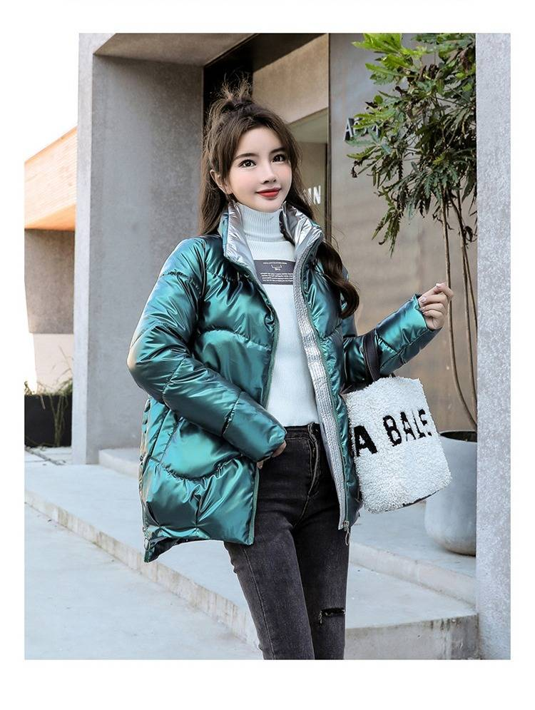 Piumino corto da donna con finitura lucida, cappotto trapuntato leggero, capospalla invernale con collo alto, vestibilità comoda e casual._voghion.com
