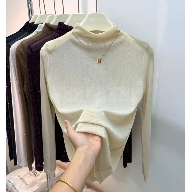 Top en maille transparente à col montant – Chemisier à sequins coupe ajustée à superposer (7 couleurs, M-XL)_voghion.com