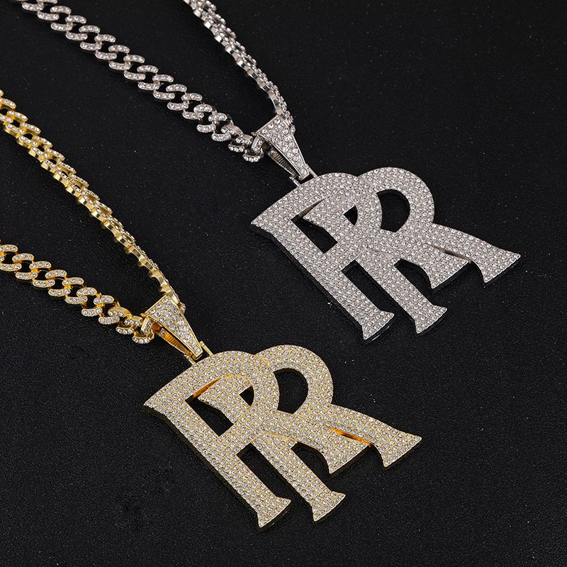 Hip Hop Large Double R Letter Exaggerated Alloy Pendant Gold Cuban Necklace For Men_voghion.com