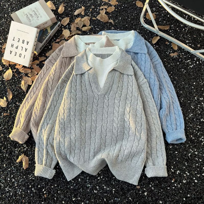 Vintage Zopfmusterpullover mit mehrlagigem V-Ausschnitt - Lässiger Oversized Pullover für Damen & Herren, Herbst-Wintermode_voghion.com