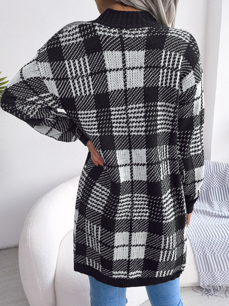 Women's Plaid Strap Lantern Sleeve Casual Open Front Cardigans Sweater Jacket Outwear_voghion.com