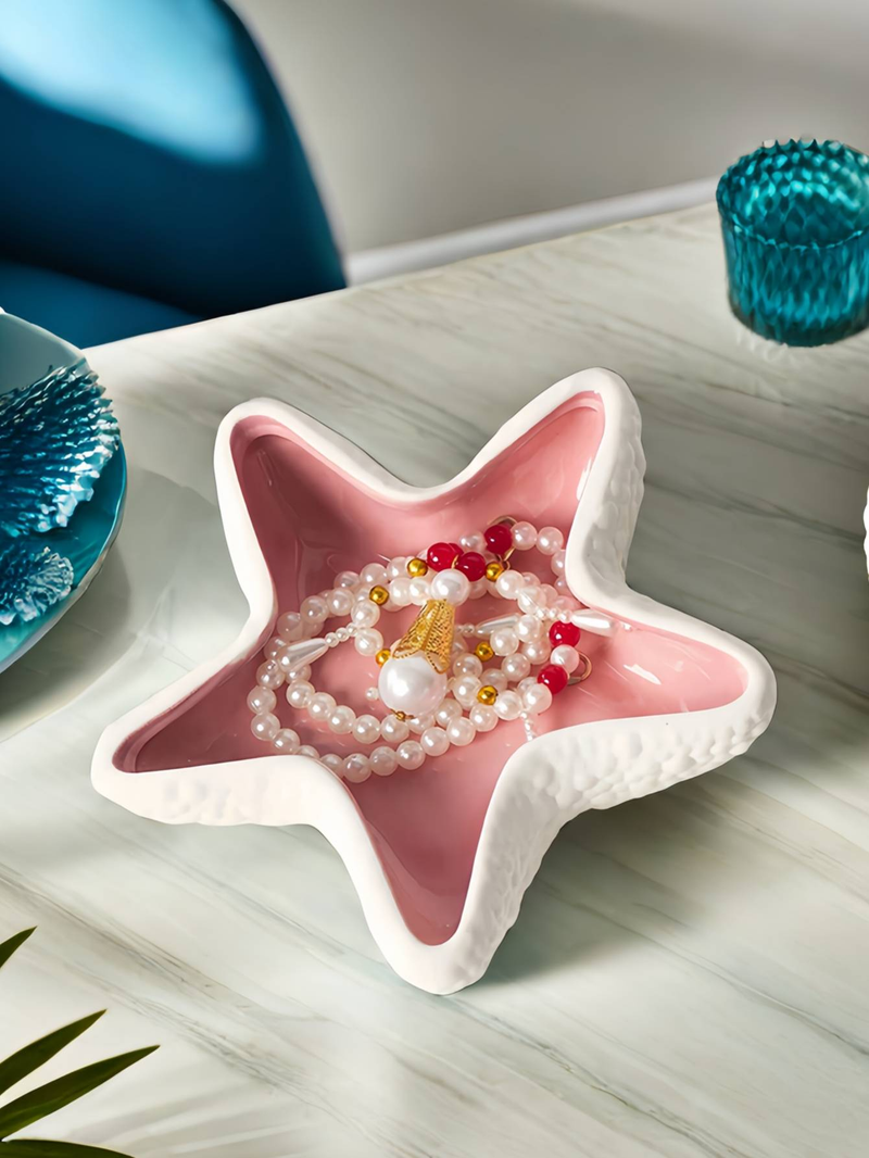 Starfish Ceramic Jewelry Tray, Nordic Style Decorative Accessory, Suitable For Desktop Lobby Key Storage Tray, Office Desk, Home, And Girls' Room_voghion.com