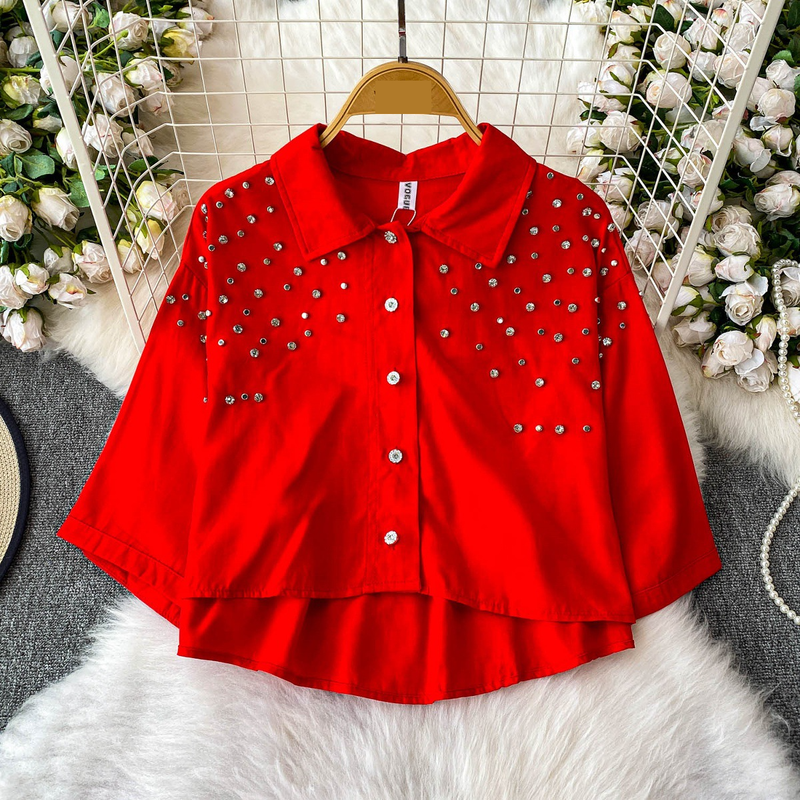 Luxe blouse met versieringen voor dames, statement revers, top met halflange mouwen, 8 levendige kleuren (zwart/groen/rood/meer) voor op kantoor en een avondje uit_voghion.com