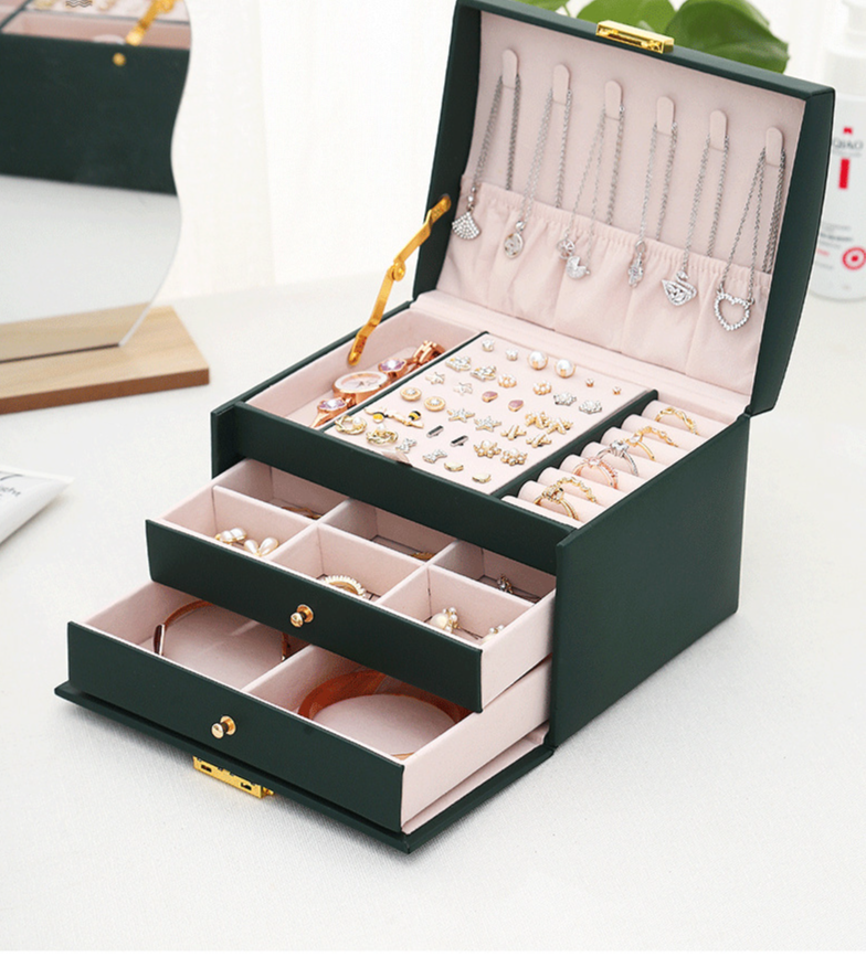 Lussuoso portagioielli in pelle PU a 3 ripiani con serratura: elegante contenitore per orecchini, anelli, collane e altro ancora._voghion.com