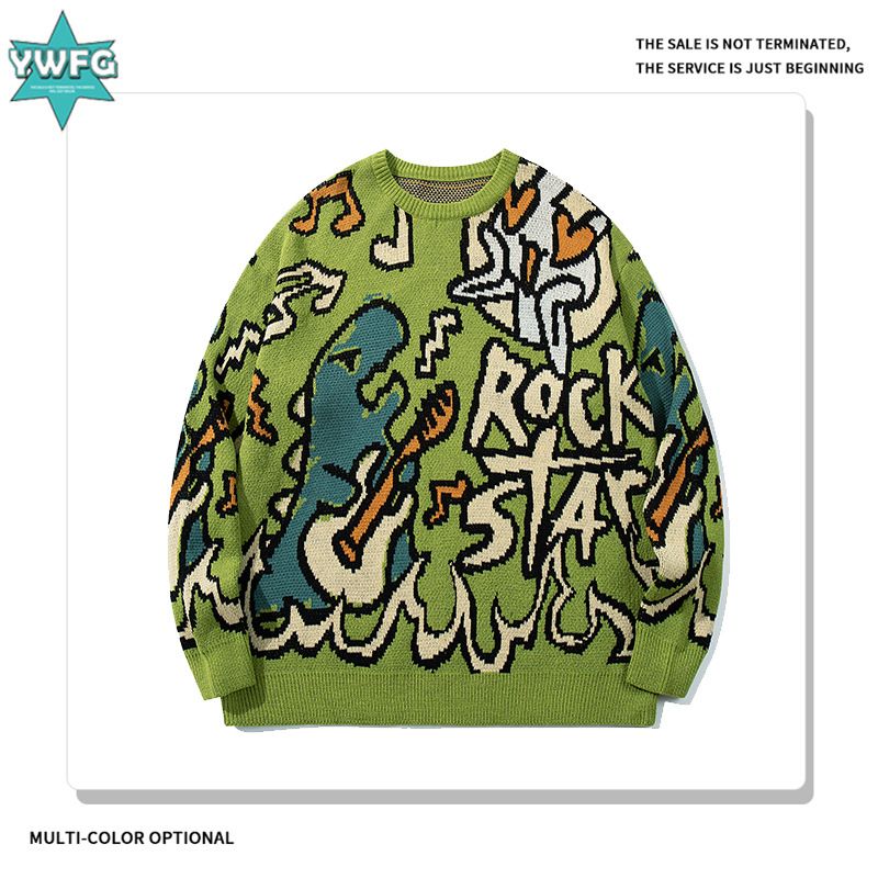 Women's Dinosaur Letter Print Sweater - Casual Crewneck Knit Top, Soft Blend Fabric, Unisex-Friendly (Black/White/Green)_voghion.com
