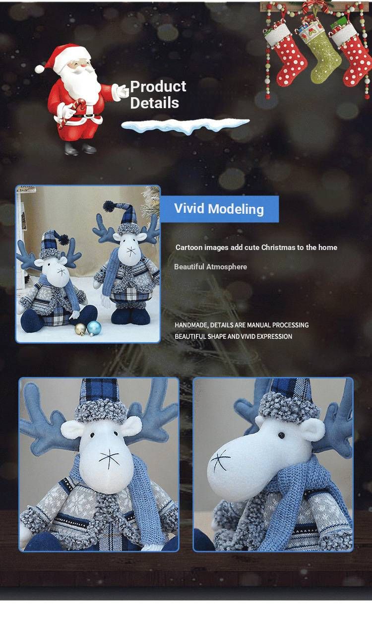 Blue Fabric Christmas Reindeer Plush Toy – Standing & Sitting Santa Hat Deer Doll For Window Display & Festive Decor_voghion.com