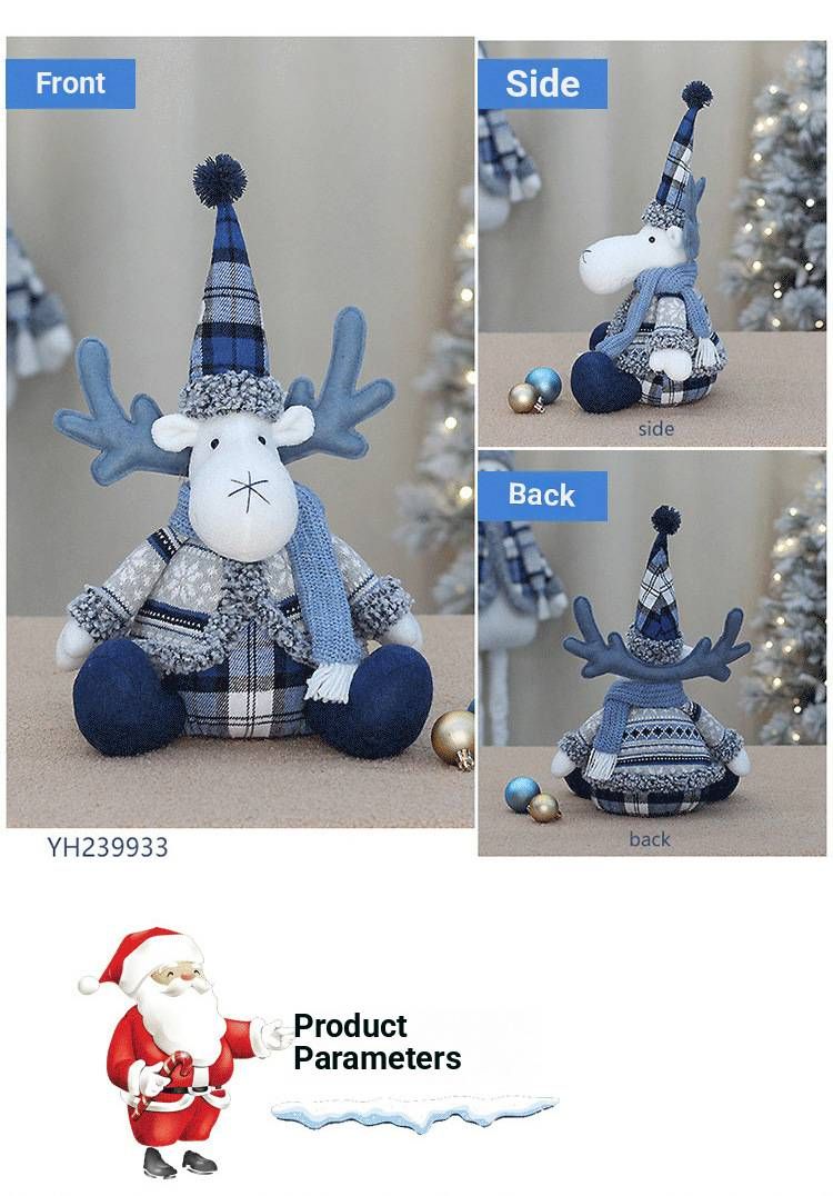 Blue Fabric Christmas Reindeer Plush Toy – Standing & Sitting Santa Hat Deer Doll For Window Display & Festive Decor_voghion.com