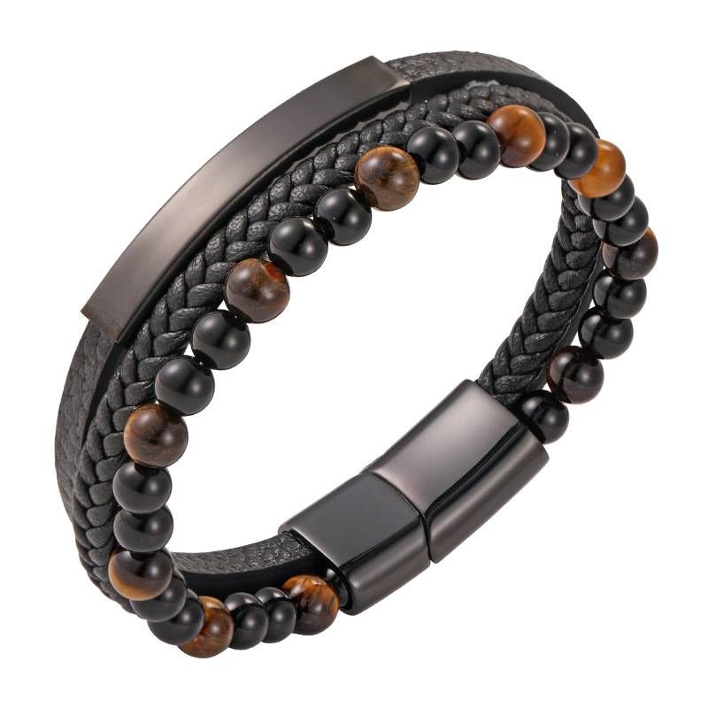 Men's Braided Multi-Layer Black Genuine Leather Bracelet With Natural Tiger Eye Stone, Magnetic Closure, Handcrafted Chain Link Cuff_voghion.com