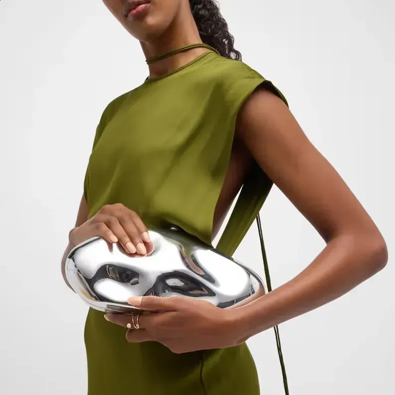 Pochette a forma di uovo in acrilico alla moda per donna, borsa da sera in oro e argento, borsa a tracolla con scatola in metallo lucido_voghion.com