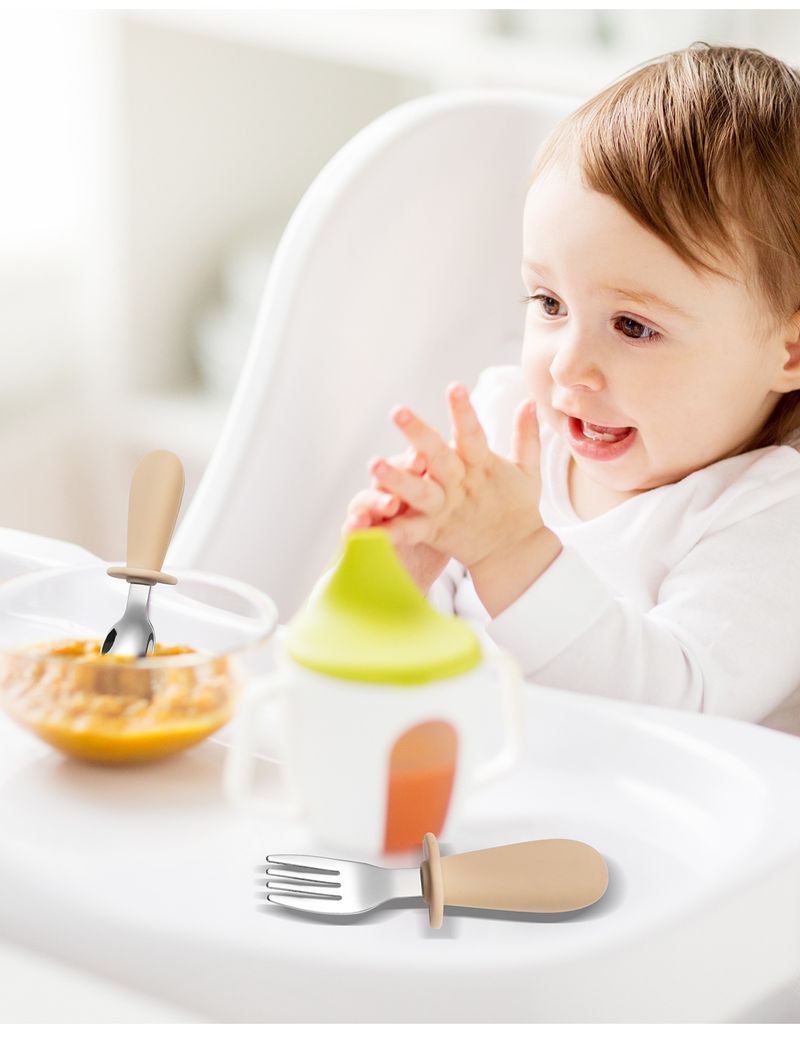 Conjunto de 3 peças de faca, garfo e colher infantil de aço inoxidável 316 com cabo curto de silicone para mãe e filhos, colher para comer infantil, utensílios de mesa portáteis_voghion.com
