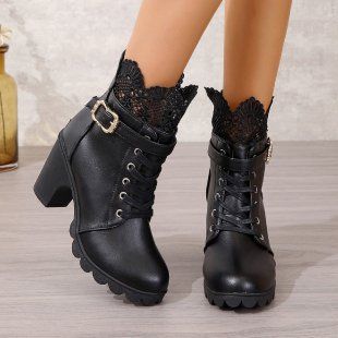 Cross-Border Autumn Winter Fashion European And American Style Plus Size High Short Thick Heel Waterproof Platform Lace_voghion.com