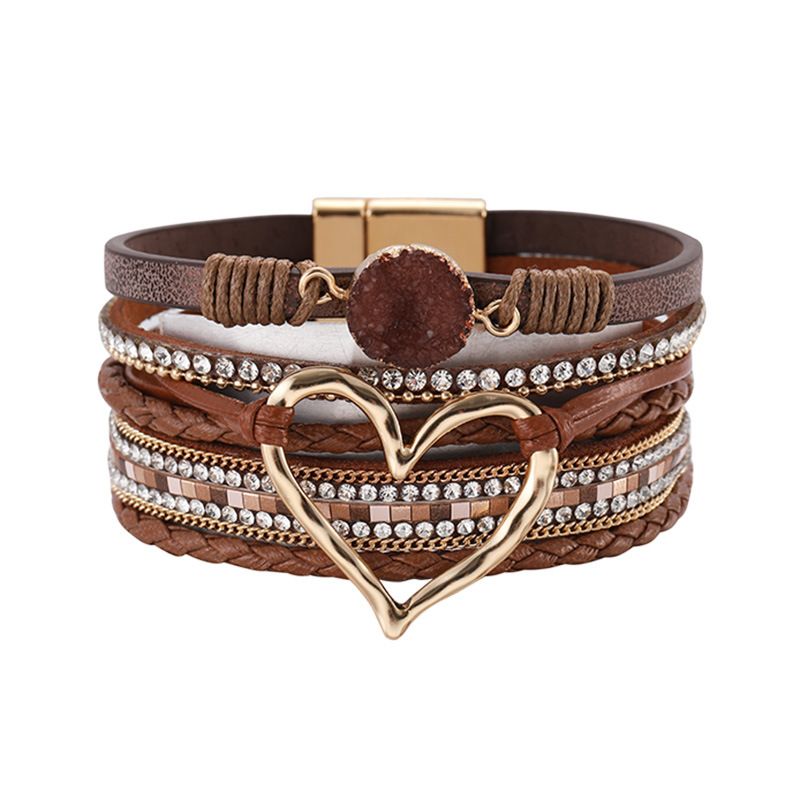 Set di bracciali a strati bohémien - Bracciale rigido regolabile a cuore aperto e catena con perline_voghion.com