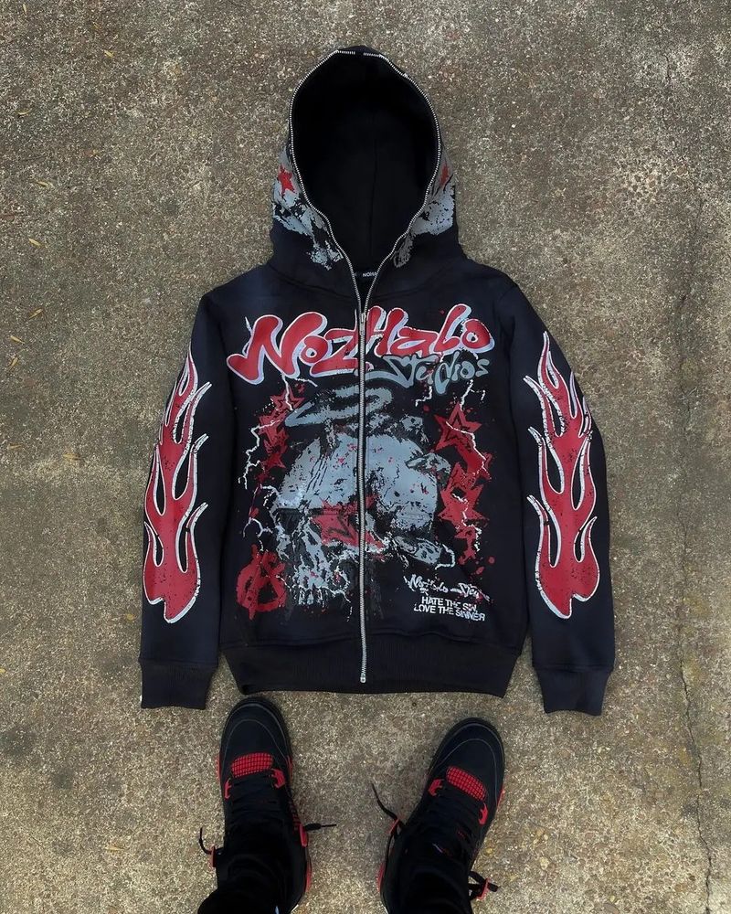Y2k Retro Streetwear Hoodie With 3d Cartoon Print, Zip-up Oversized Pullover For Hip-hop & Dark Aesthetic Fashion_voghion.com