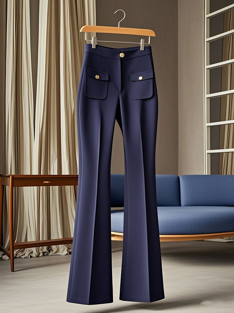 Women's Clothing small high waist slim pants copper sulfate wear blue suit flared casual pants women autumn_voghion.com