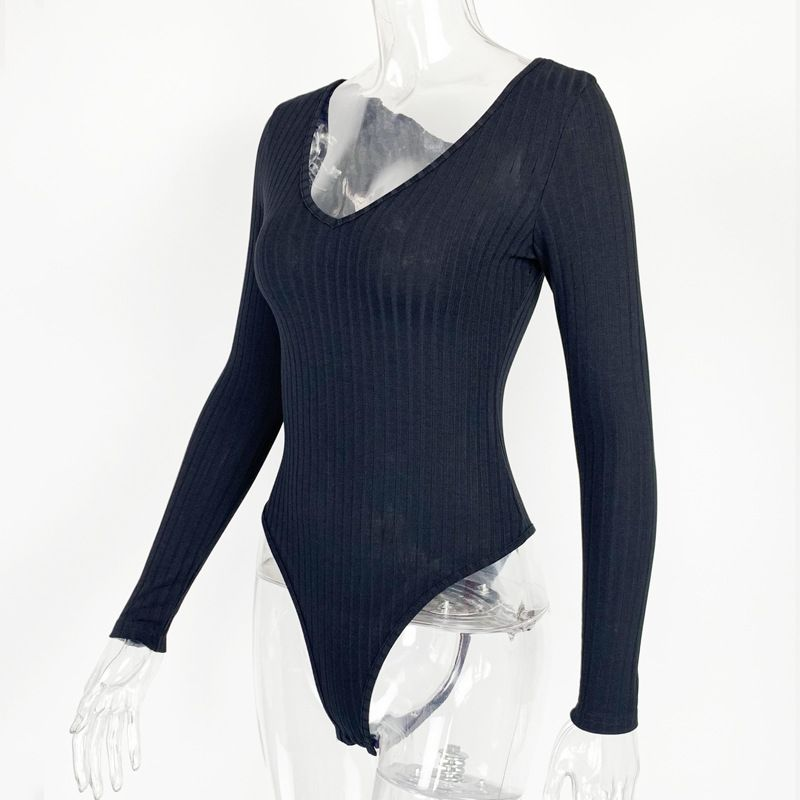 Kvinders sexet slim-fit V-hals ensfarvet langærmet base jumpsuit_voghion.com