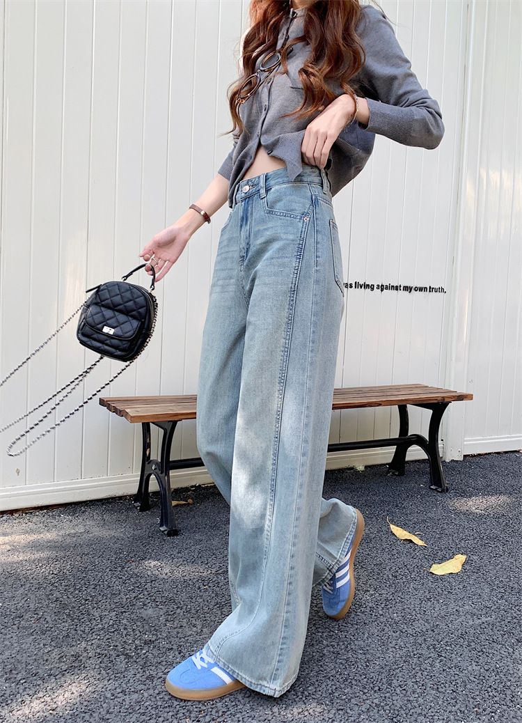 Weite Jeans im Frühlingsstil für Damen, neue hoch taillierte, gerade Beine mit hängendem Griff, bodenlange Hose_voghion.com