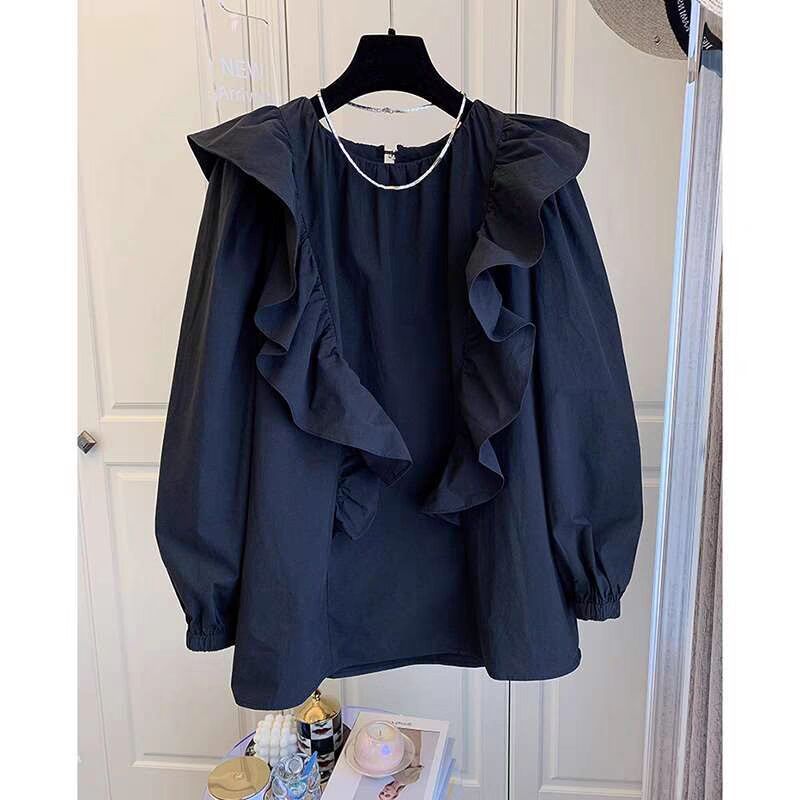 Women's Clothing ruffled Korean version of white baby shirt long sleeved shirt top chic early spring round neck shirt trend_voghion.com