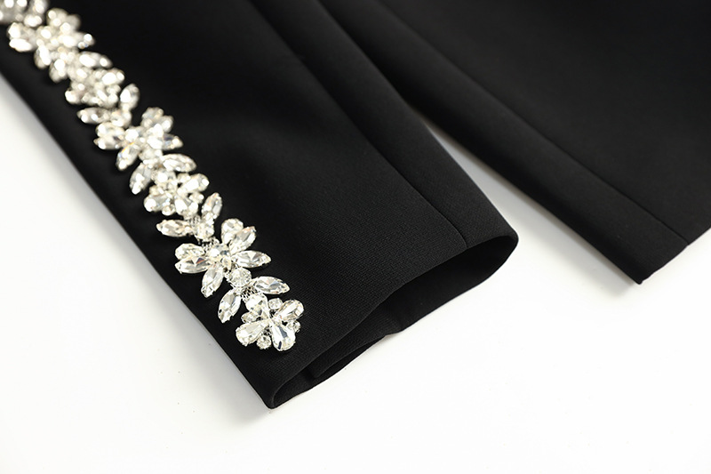 Costume deux pièces noir à strass pour femmes, coupe slim, manches longues, pantalon droit évasé légèrement épicé_voghion.com