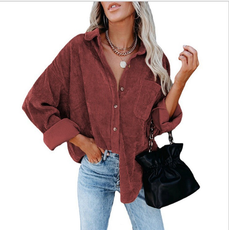 Women's clothing autumn and winter Oversize corduroy loose button shirt_voghion.com