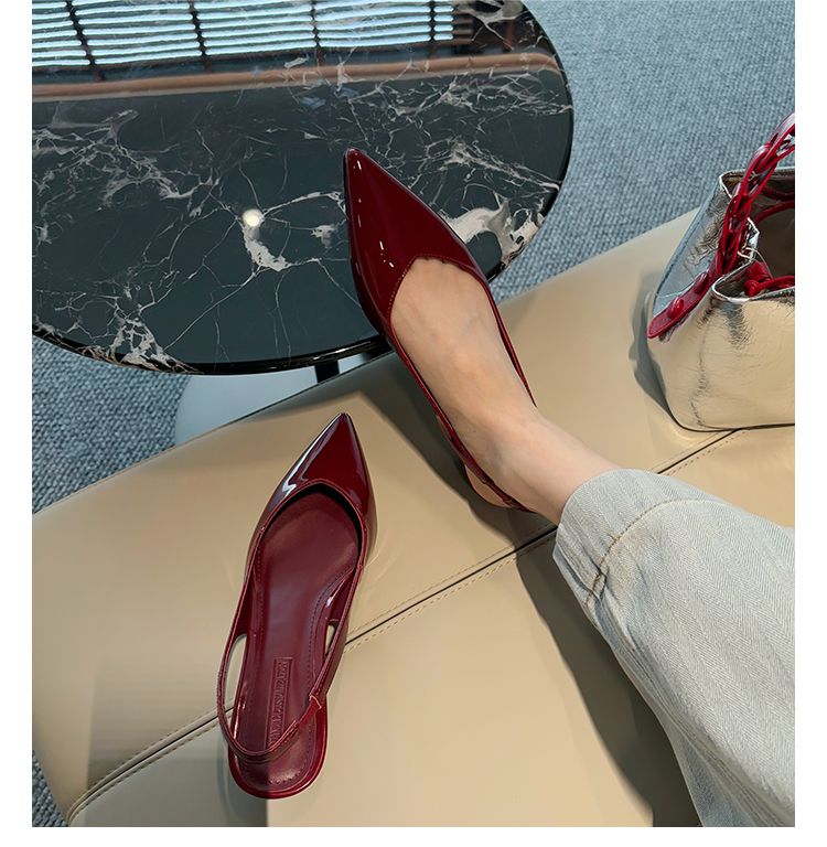 Lancui Nude Wedge Half Slippers For Women Summer Outdoor Patent Leather Chunky Heel Closed Toe Sandals Slim Pointed High_voghion.com