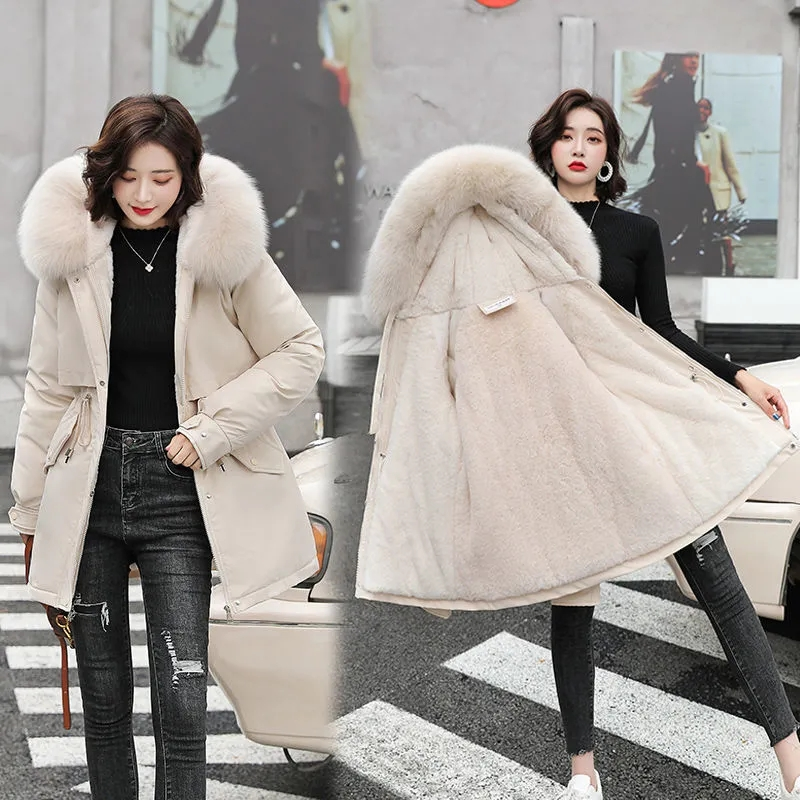 Parka con capucha para mujer, abrigo largo a la moda con forro de lana, Parkas ajustadas con Cuello de piel, ropa cálida para la nieve acolchada, novedad de 2023_voghion.com