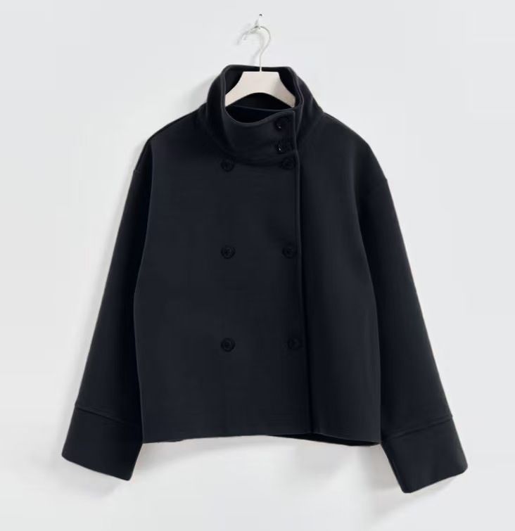 Women's Wool Blend Peacoat - Oversized Double Breasted Jacket With Stand Collar, Elegant Fall/Winter Outerwear For Business Casual_voghion.com