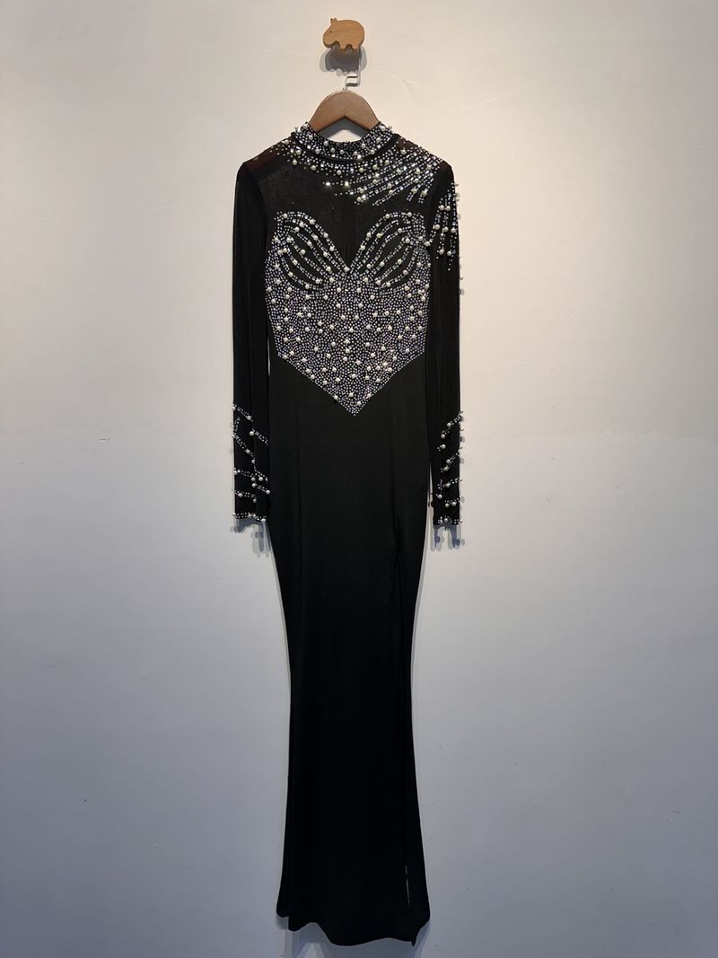 Women's clothing hot diamond pearl see through waist and hip elastic slit dress_voghion.com