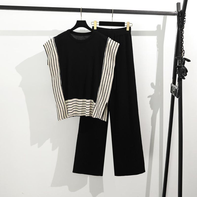 Elegant Casual Two-Piece Set - Batwing Sleeve Knit Top & High-Waisted Wide-Leg Pants (Black/Beige/Camel, One Size)_voghion.com