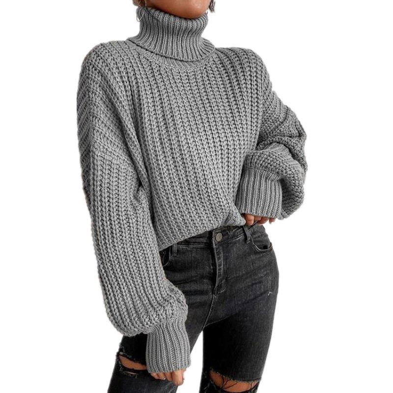 Women's fashion drop shoulder long sleeve knit loose turtleneck sweater_voghion.com
